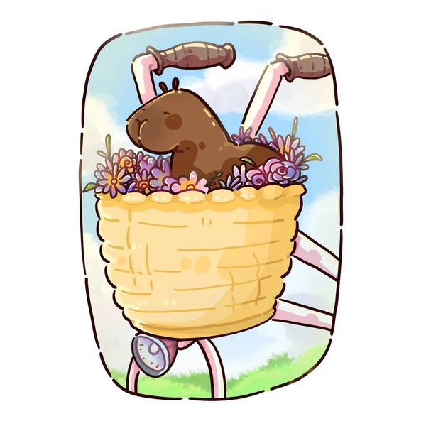 Spring travel. Sticker with capybara. Digital illustration. Funny capybara. Spring mood.