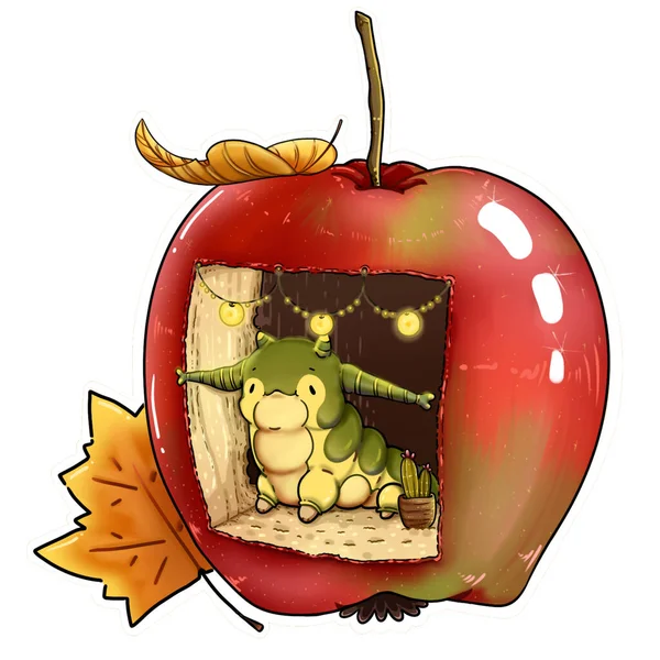 Caterpillar Huset Lustig Larv Larv Ett Äpple Digital Illustration Lustigt — Stockfoto