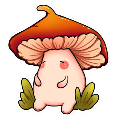 Uyuyan mantar. Şirin ve komik bir mantarın tasviri. Uyuyan mantar çizimi. Dijital çizim. Cottagecore.