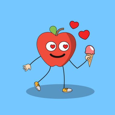 Art illustration Doodle Kawaii Fruits Symbol Character Apple Mascot Activity of Hold Ice Cream