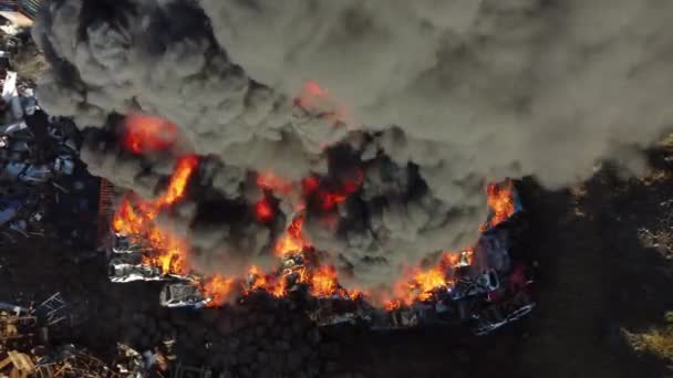 Fuego Gran Incendio Depósito Chatarra Automóviles Humo Negro Contamina Atmósfera — Vídeo de stock