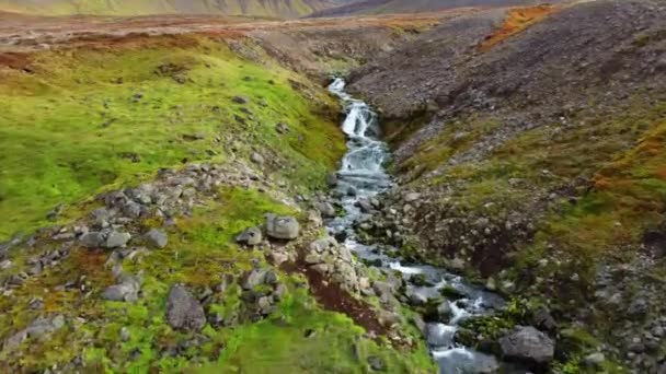 Berg Flod Island Vackert Vattenfall Rent Vatten Och Eko Rent — Stockvideo