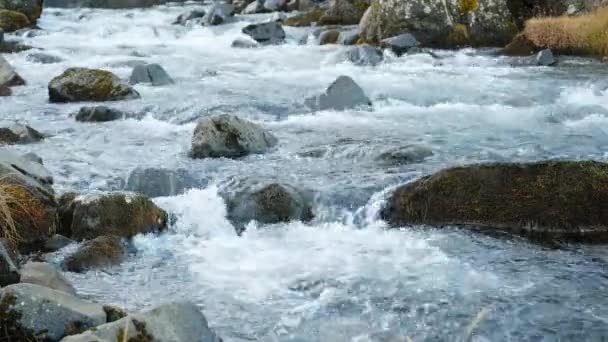 7680X4320 Czysty Strumień Wody Przepływający Przez Kamienne Głazy Dzika Górska — Wideo stockowe