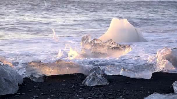 Ijsbergen Schitteren Zwart Vulkanisch Zand Bij Zonsondergang Helder Ijs Neergestort — Stockvideo