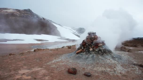Геотермальная Зона Исландии Чистая Зеленая Энергия Долине Серы Курением Фумаролов — стоковое видео