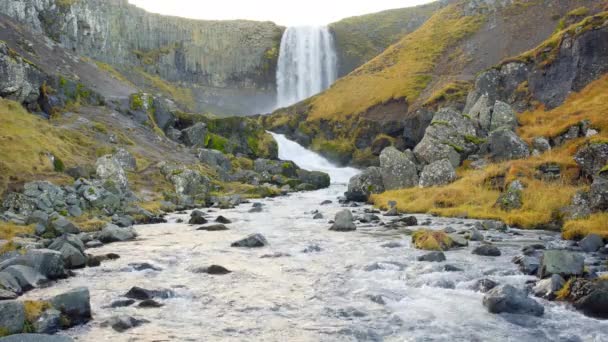 Cascada Islandia Mountain River Temporada Otoño Hermoso Paisaje Volcánico Natural — Vídeo de stock