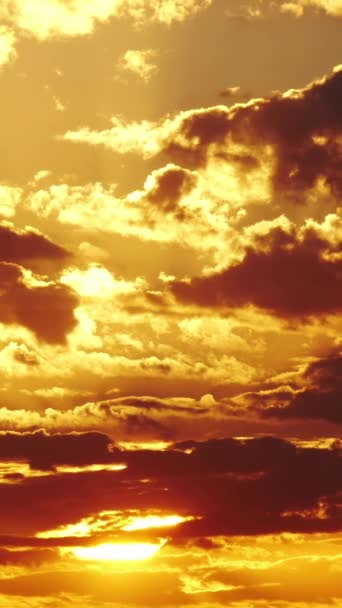 垂直画面 黄色の空の日没または日の出 大きな明るい太陽が空を移動します 素晴らしい色で空と雲の素晴らしいタイムラプスの風景 鮮やかな暖色系 ソーシャルメディアのためのショット — ストック動画