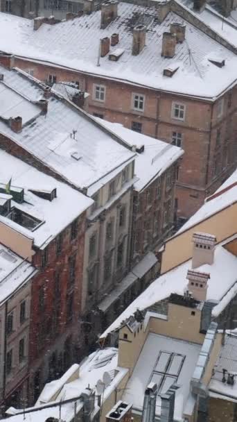 垂直画面 雪のフレークは ウクライナのリヴィウの通りをカバーし 冬の風に揺れるダウンタンブリング 歴史的欧州都市の中心部で雪の天気 ソーシャルメディアのためのショット — ストック動画
