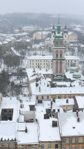 垂直屏风 雪花在冬风中摇曳而下 覆盖了乌克兰利沃夫的街道 欧洲历史名城中心的白雪天气 为社交媒体拍摄 — 图库视频影像