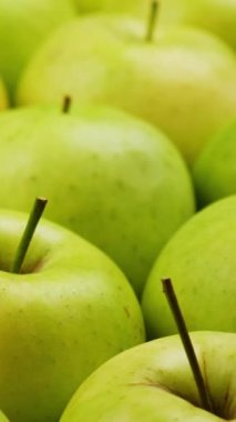 Vertical screen: Fresh Green Apples in Grocery Store Supermarket Marketplace. Nutritious Vegetarian or Vegan Healthy Food. Organic Fruit. Close up, Content Shot for Social Media. High quality footage