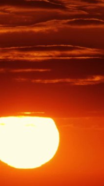Vertical Screen: Sunset or Sunrise in the Yellow Sky. Big Bright Sun Moves in Sky. Awesome Time Lapse Landscape of Sky and Clouds with Amazing Colours. Vibrant Warm Color. Shot for Social Media.