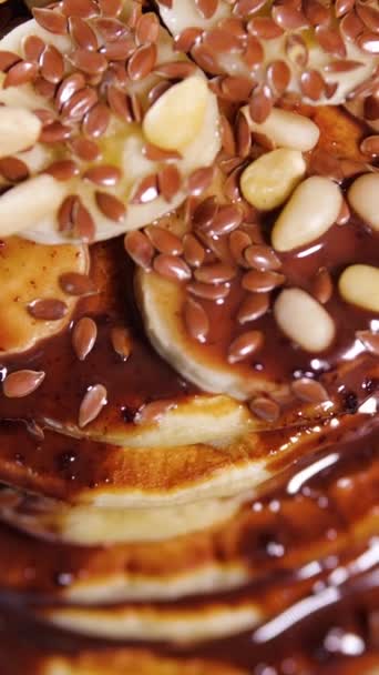 Vertical Screen Sweet Pancakes Chocolate Syrup Healthy Grilled Food Cooked — Stock video