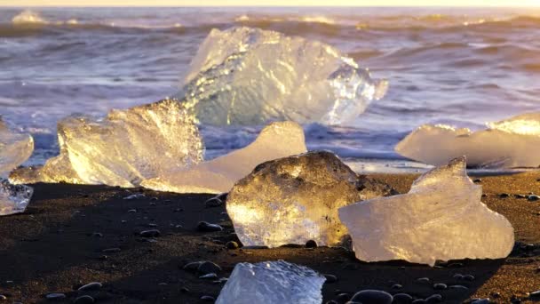 Παγωμένα Κομμάτια Μαύρη Ηφαίστειο Παραλία Στην Ισλανδία Φύση Υψηλής Ποιότητας — Αρχείο Βίντεο
