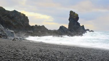 Volcanic Coastline with Black Cliff at Sunset, Volcanic Basalt Rocks with Blue North Atlantic Ocean Water. Pure Nature with Beautiful Sky in Iceland. Shot in 8K Resolution 4320p. High quality 4k