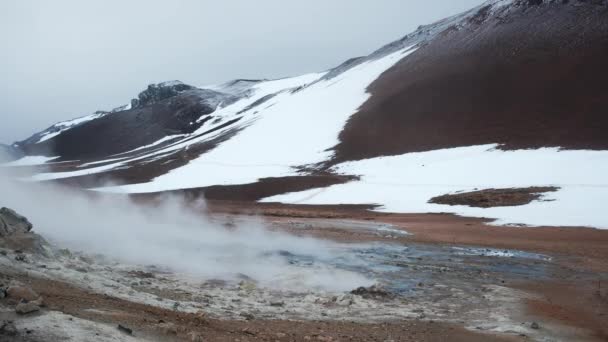 Geothermal Area Iceland Pure Green Energy Sulfur Valley Smoking Fumaroles — Stock video