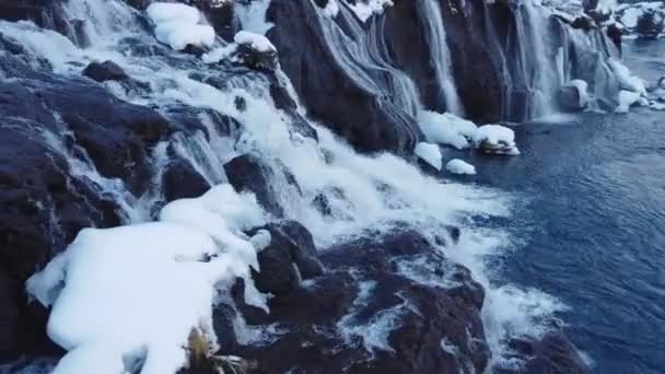 Hraunfossar Famous Waterfall Iceland Snowy Ice Mountain River Winter Magical — Video