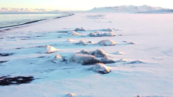 Winter Iceland Landscape Sunrise Unusual Snow Covered Hills Ocean Shore — Video Stock