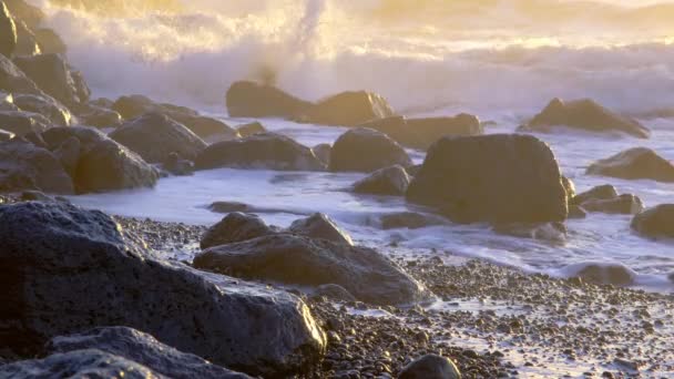 Ocean Waves Crashing Black Volcanic Cliff Pure Blue Sea Coastline — Stock Video