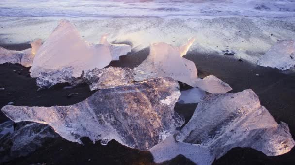 Ice Chunks Black Volcanic Beach Iceland Nature High Quality Footage — Video Stock