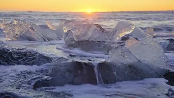 Ice Chunks Black Volcanic Beach Iceland Nature High Quality Footage — Vídeos de Stock