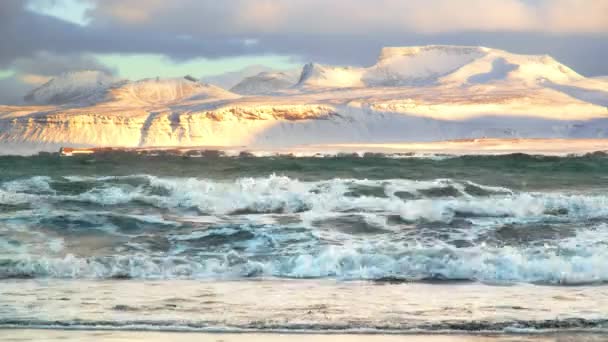 Icelandic Fjords Sunset Ocean Coast Snow Covered Mountains Winter Landscape — Video