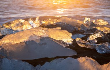 Diamond Beach in Iceland. Icebergs Shining on Black Volcanic Sand at Sunset. Clear Ice Crashed by Ocean Waves. Famous Tourist Location in North Europe Country. Travel Destination. High Resolution.
