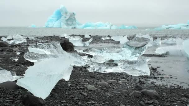 アイスランドの自然 フォギー氷河ラグーンの氷山 北の国の美しい自然の奇跡 冬の季節には純白の氷 8K分解能で海岸に打ち上げられた氷のブロック — ストック動画