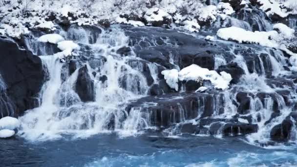 Waterfall Iceland Snowy Mountain Cold River Winter Magical Outdoor Winter — Stockvideo