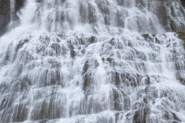 Dynjandi Şelalesi Su Dokusu. İzlanda 'nın güzel, saf doğası. Güçlü Dağ Nehri Arkaplanı. Dev Su Akıntısı, Sonsuz Doğal Enerji. Avrupa seyahati. Her yere git..