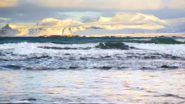 Icelandic Fjords Sunset Ocean Coast Snow Covered Mountains Winter Landscape — Wideo stockowe
