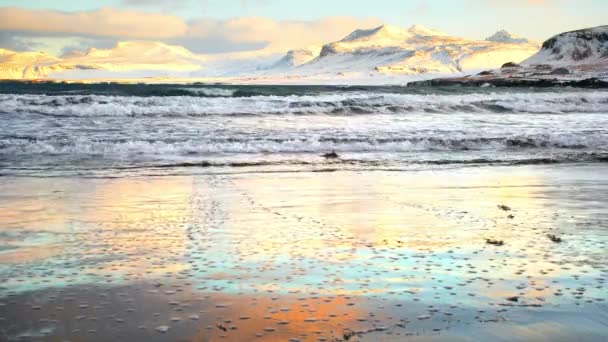 Icelandic Fjords Sunset Ocean Coast Snow Covered Mountains Winter Landscape — стоковое видео
