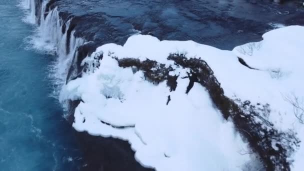 Hraunfossar Famous Waterfall Iceland Snowy Ice Mountain River Winter Magical — Vídeos de Stock
