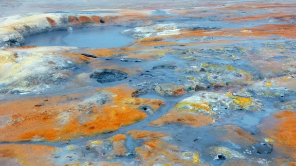 アイスランドの地熱地帯 硫黄谷の純粋な緑のエネルギー喫煙フマロール 有名な観光地Hverir ミヴァトン湖近くの本当の火山活動 水を蒸発させる 8Kの解像度で撮影 — ストック動画