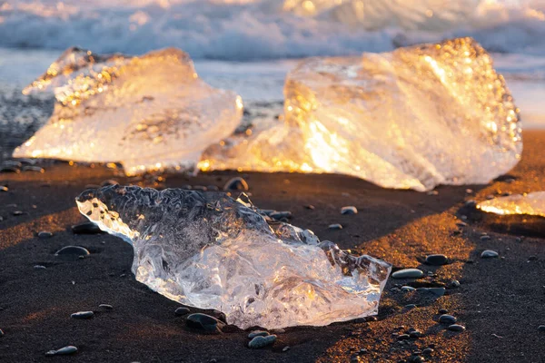 Diamond Beach Iceland Icebergs Shining Black Volcanic Sand Sunset Clear — Stock fotografie