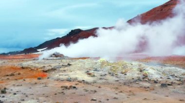 Geothermal Area in Iceland, Pure Green Energy at Sulfur Valley with Smoking Fumaroles. Famous tourist spot Hverir. Real Volcanic Activity near Myvatn lake. Evaporating water. Shot in 8k resolution.