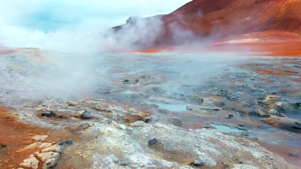 Geothermal Area Iceland Pure Green Energy Sulfur Valley Smoking Fumaroles — Stockvideo