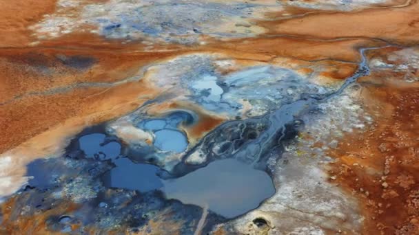 冰岛的地热地区 硫磺谷的纯绿色能源 带有烟道 著名旅游胜地Hverir Myvatn湖附近的真正火山活动 蒸发的水 航空视图4K — 图库视频影像