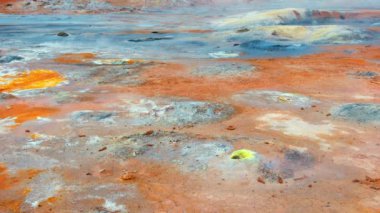 Geothermal Area in Iceland, Pure Green Energy at Sulfur Valley with Smoking Fumaroles. Famous tourist spot Hverir. Real Volcanic Activity near Myvatn lake. Evaporating water. Shot in 8k resolution.