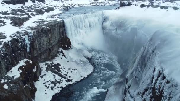 Waterfall Edge Fly Landscape Epic Aerial Flight Berühmten Wasserfall Island — Stockvideo