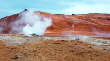 Geothermal Area in Iceland, Pure Green Energy at Sulfur Valley with Smoking Fumaroles. Famous tourist spot Hverir. Real Volcanic Activity near Myvatn lake. Evaporating water. Shot in 8k resolution.