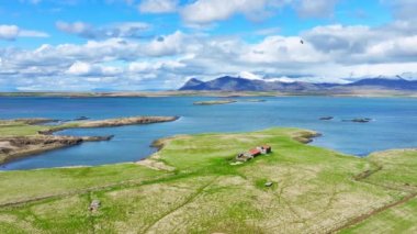 Okyanus kıyısındaki çiftlik evi. İzlanda kırsalının manzarası. İzlanda 'daki klasik çiftlik. Yazın İzlanda fiyortları. Turkuaz su ve yeşil çimen. Hava görüntüsü 4k.