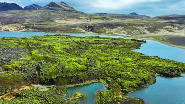 Nehirli Alışılmadık Volkanik Manzara Ilkbaharın Başlarında Yeşil Yosunlarla Kaplı Volkanik — Stok video