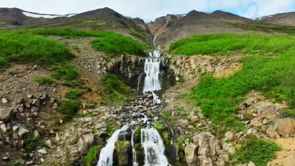 Mountain River Flui Para Baixo Penhasco Muitas Cachoeiras Cercadas Por — Vídeo de Stock
