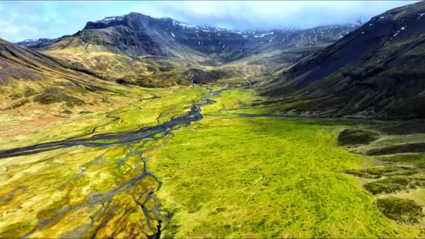 Lkbaharın Başlarında Sarı Yosun Kaplı Volkanik Dağ Alışılmadık Manzaralı Volkanik — Stok video