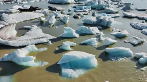 冰川泻湖中的大块冰块漂浮着 冰岛的风景 清澈的蓝色冰山黎明4K的史诗空中景观 — 图库视频影像
