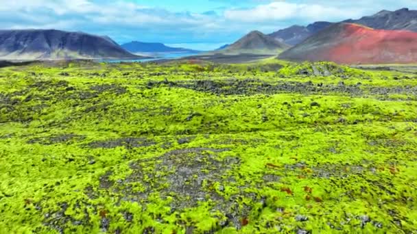 Ongebruikelijke Vulkanische Landschap Met Rivier Vulkanisch Berggebied Bedekt Met Groen — Stockvideo