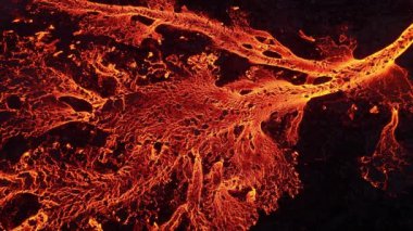 Volcano eruption in 2023, Red burning lava erupts from the ground in Iceland. Formation of a new active volcano. Aerial footage. High quality 4k footage