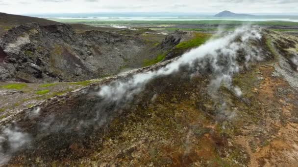 Zlanda Daki Myvatn Gölü Yakınlarındaki Jeotermal Alan Dünya Nın Hava — Stok video