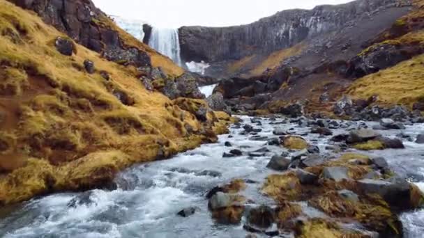 Enorme Schilderachtige Waterval Ijsland Pure Gletsjerrivier Bergen Herfst Kleuren Luchtfoto — Stockvideo