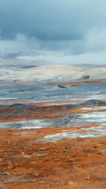 垂直屏风 冰岛的地热区 火星人在硫磺谷的风景著名旅游胜地Hverir Myvatn湖附近的真正火山活动 为社交媒体拍摄的空中照片 — 图库视频影像